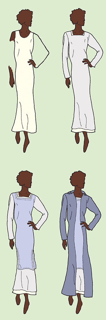 illustration of woman wearing chemise, vestment, tabard, and surcoat