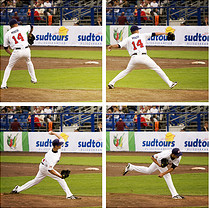 4 photos showing a baseball pitcher pitching