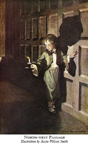 watercolor painting of child walking in a candlelit hallway