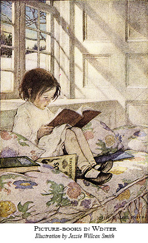 watercolor painting of child reading in a window seat