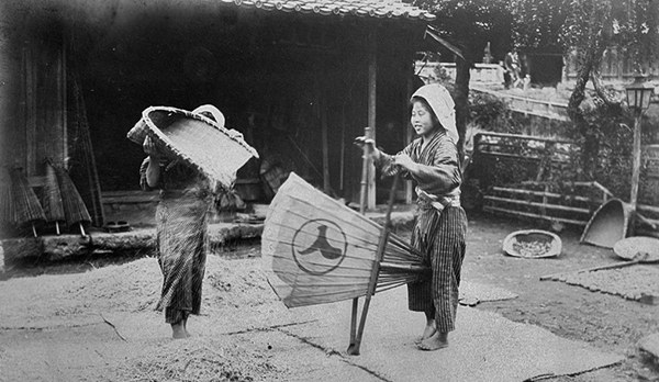 black and white photo of 2 Japanese women using winnowing baskets