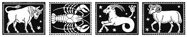 bull, crab, sea goat, ram depicted as art nouveau line drawings