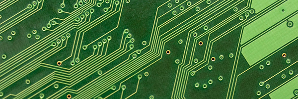 angled metal tracks on an electronic circuit board